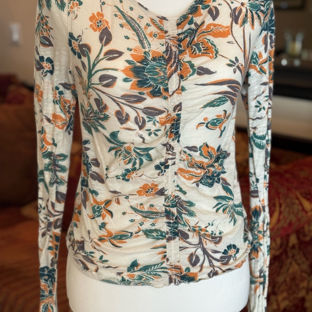 We The Free Cream and Orange Ruched Long Sleeve Button Down